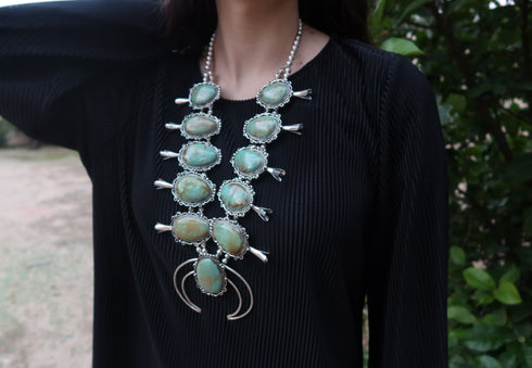 Navajo Kingman Turquoise Sterling Silver Naja Squash Blossom Necklace Set NX11614