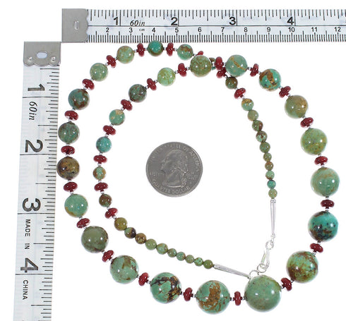 Kingman Turquoise And Coral Sterling Silver Navajo Bead Necklace AX88817