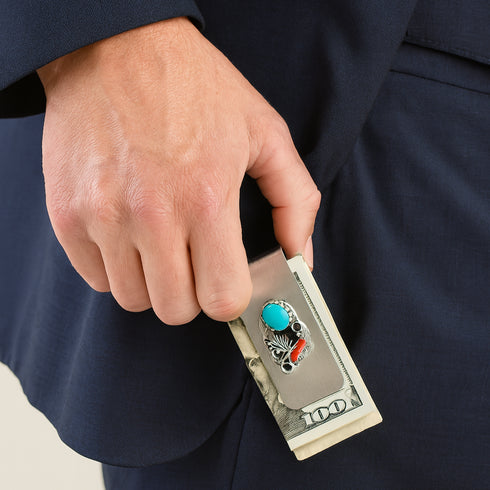 Navajo Turquoise And Coral Sterling Silver Money Clip NN20364