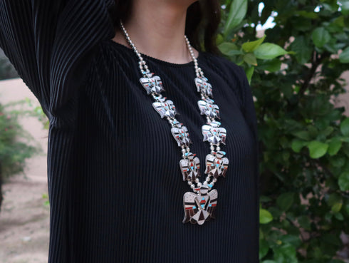 Sterling Silver Multicolor Thunderbird American Indian Squash Blossom RX105239