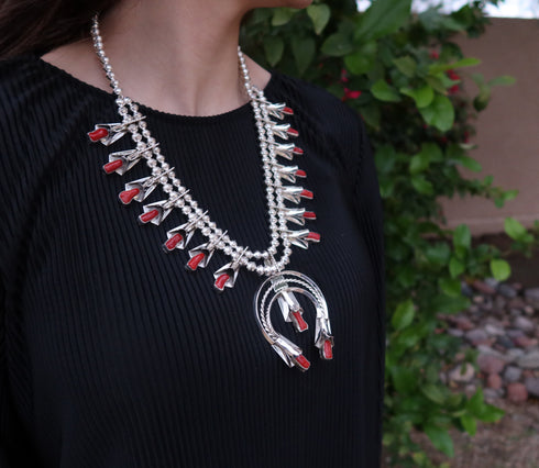 Navajo Coral Sterling Silver Squash Blossom Necklace Set NN20162