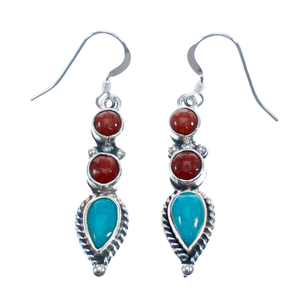 Native American Turquoise And Coral Sterling Silver Hook Dangle Earrings NX11519
