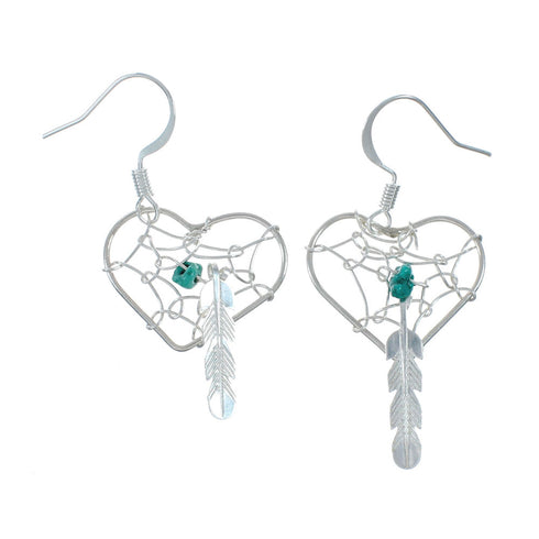 Turquoise Sterling Silver Navajo Dream Catcher Feather Hook Dangle Earrings X10013