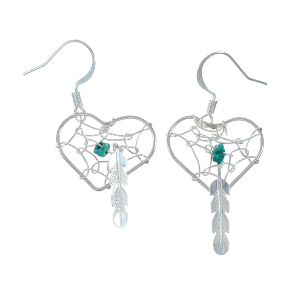 Turquoise Sterling Silver Navajo Dream Catcher Feather Hook Dangle Earrings X10013