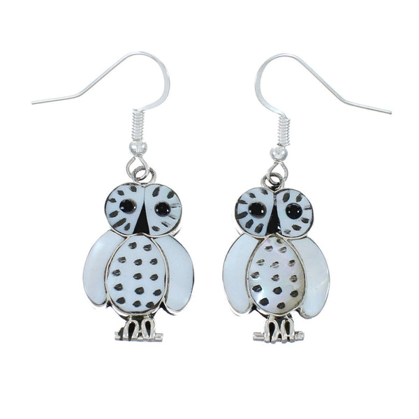 Zuni Multicolor Inlay Owl Sterling Silver Hook Dangle Earrings X10015