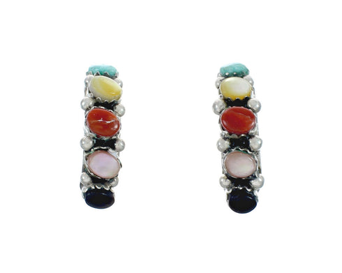 Multicolor Genuine Sterling Silver Post Hoop Zuni Earrings X10034