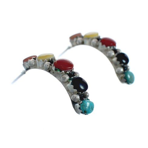 Genuine Multicolor Sterling Silver Post Hoop Zuni Earrings X10036