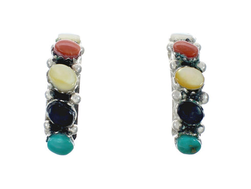 Genuine Multicolor Sterling Silver Post Hoop Zuni Earrings X10038
