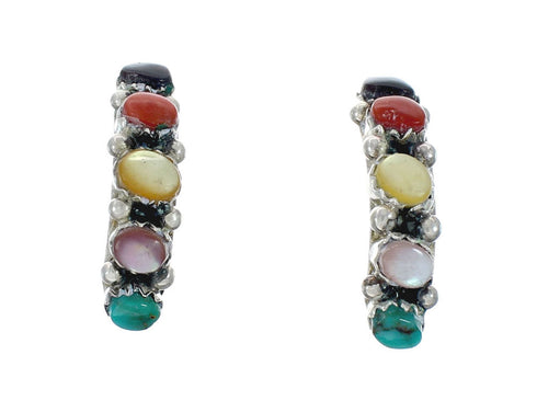 Genuine Multicolor Sterling Silver Post Hoop Zuni Earrings X10040