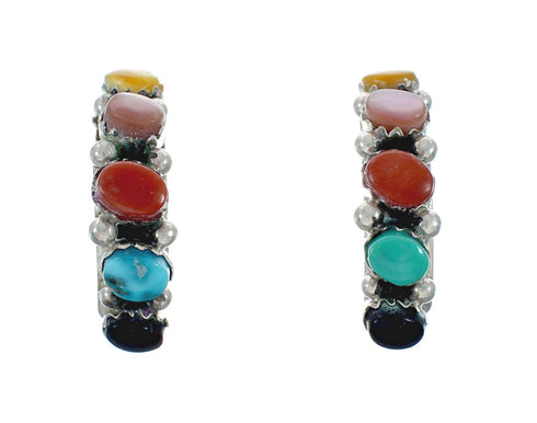 Multicolor Genuine Sterling Silver Post Hoop Zuni Earrings X10042