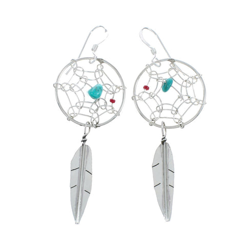 Sterling Silver Turquoise Coral Dream Catcher Feather Navajo Hook Dangle Earrings X10077