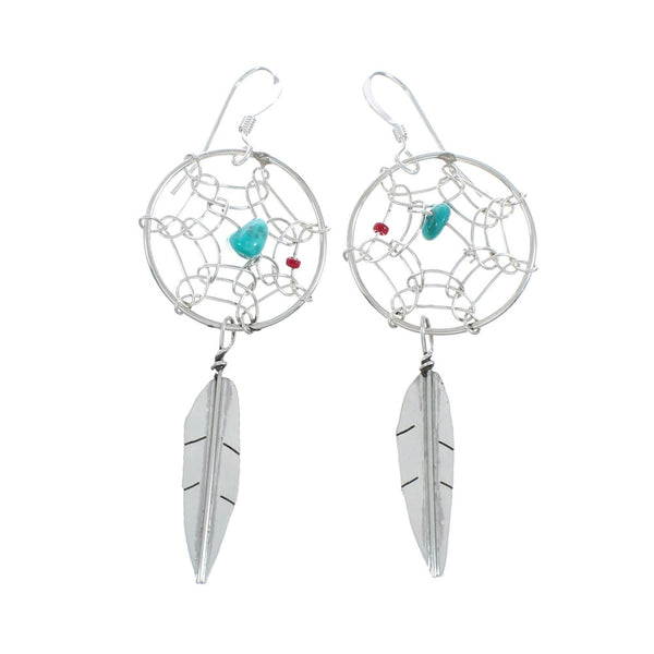 Sterling Silver Turquoise Coral Dream Catcher Feather Navajo Hook Dangle Earrings X10077