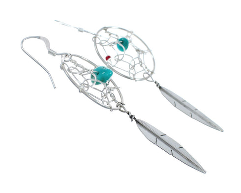 Sterling Silver Turquoise Coral Dream Catcher Feather Navajo Hook Dangle Earrings X10077