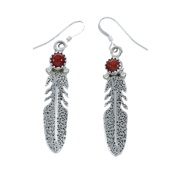 Navajo Coral Sterling Silver Feather Hook Dangle Earrings X10068