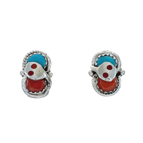 Turquoise Coral Zuni Effie Calavaza Silver Snake Post Earrings X10053
