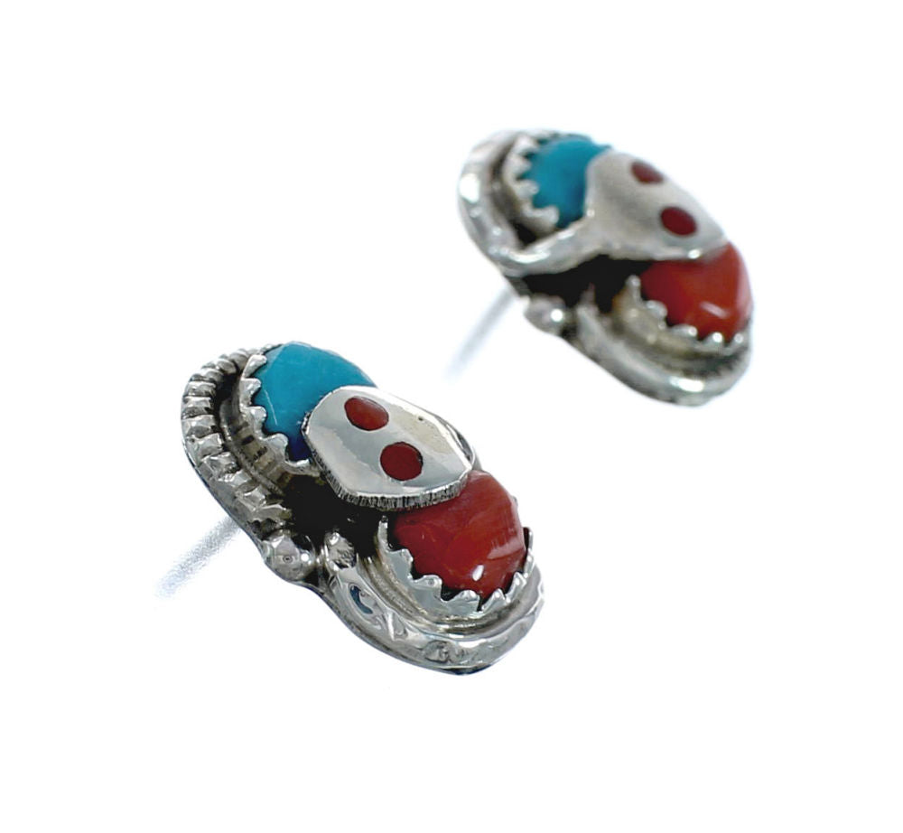 Turquoise Coral Zuni Effie Calavaza Silver Snake Post Earrings