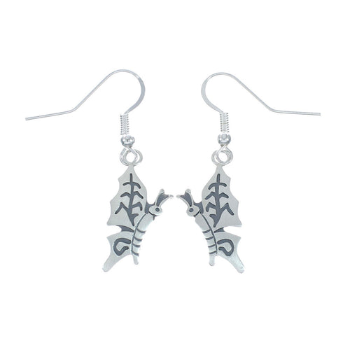 Sterling Silver Overlay Butterfly Heart Navajo Hook Dangle Earrings X10075