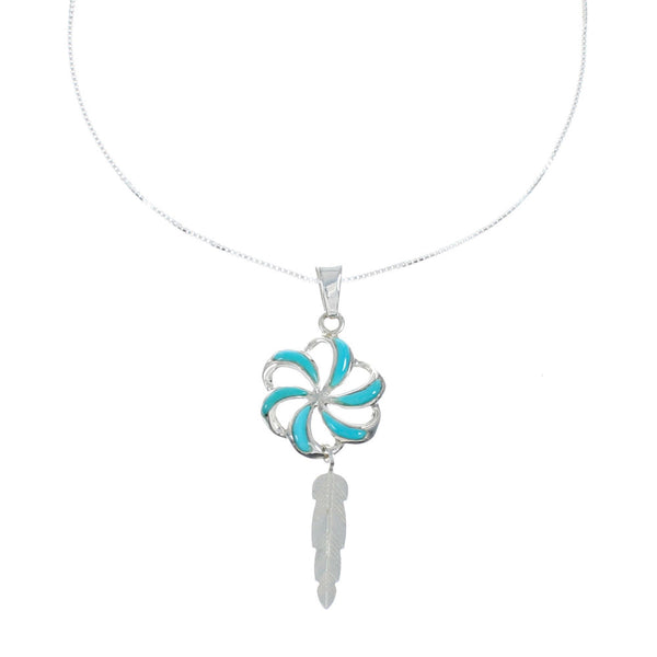 Southwest Turquoise Flower Feather Inlay Sterling Silver Snake Chain Necklace Set X10214