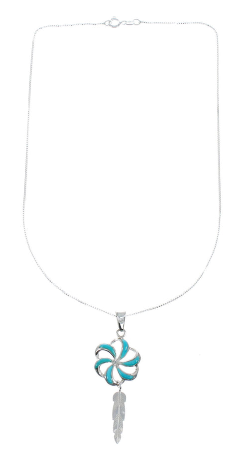 Southwest Turquoise Flower Feather Inlay Sterling Silver Snake Chain Necklace Set X10214