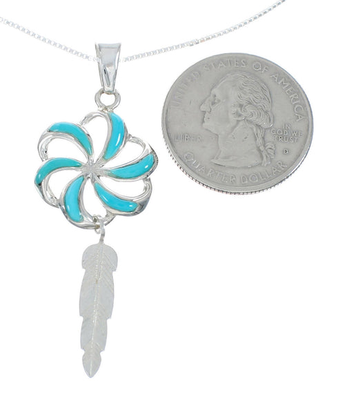 Southwest Turquoise Flower Feather Inlay Sterling Silver Snake Chain Necklace Set X10214