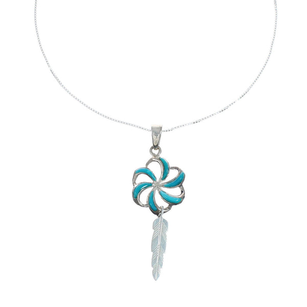 Turquoise Flower Feather Inlay Sterling Silver Snake Southwest Chain Necklace Set X10215