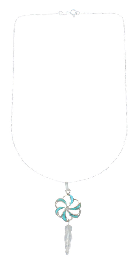 Flower Feather Turquoise Inlay Sterling Silver Snake Southwest Chain Necklace Set X10216