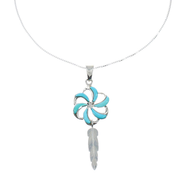 Southwest Flower Feather Turquoise Inlay Sterling Silver Snake Chain Necklace Set X10217