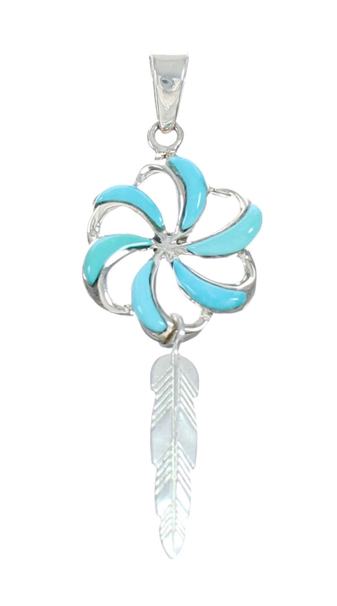 Southwest Flower Feather Turquoise Inlay Sterling Silver Snake Chain Necklace Set X10217
