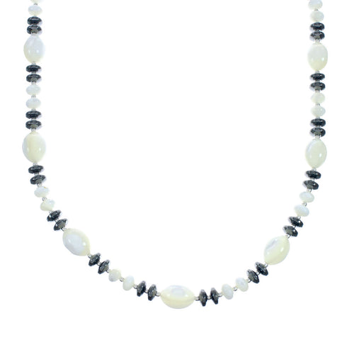 Hematite and Mother of Pearl Genuine Sterling Silver Bead Necklace X10227