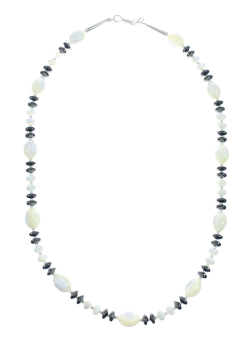 Hematite and Mother of Pearl Genuine Sterling Silver Bead Necklace X10227
