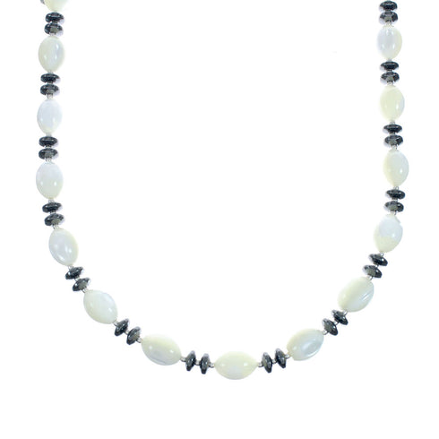 Mother of Pearl and Hematite Genuine Sterling Silver Bead Necklace X10228