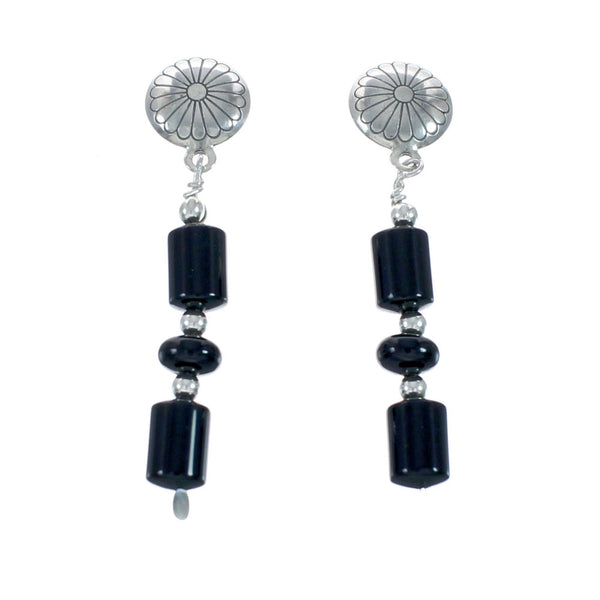 Native American Onyx Sterling Silver Bead Post Dangle Earrings X10146