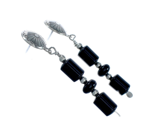 Native American Onyx Sterling Silver Bead Post Dangle Earrings X10146