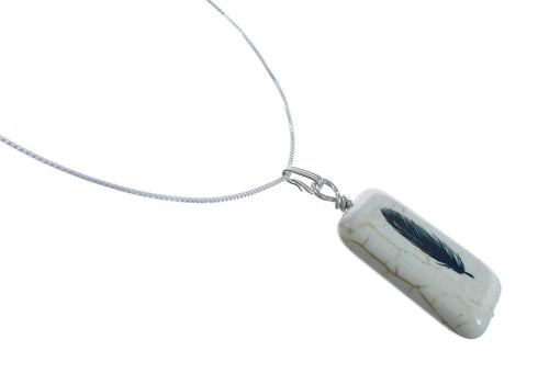 Native American Howlite Feather Sterling Silver Box Chain Necklace Set X10127