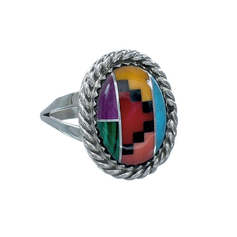 Navajo Manmade Multicolor Inlay Sterling Silver Ring Size 8-1/2 X10197