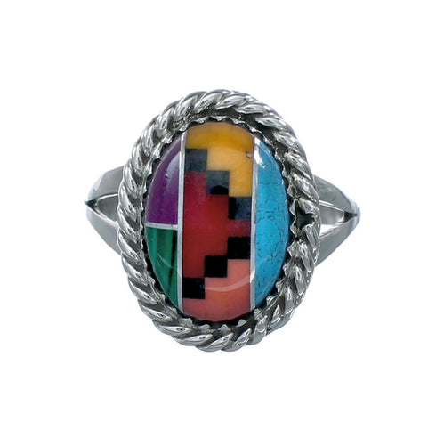 Navajo Manmade Multicolor Inlay Sterling Silver Ring Size 8-1/2 X10197