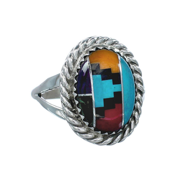 Navajo Manmade Multicolor Inlay Sterling Silver Ring Size 7-1/2 X10202