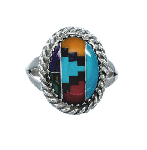 Navajo Manmade Multicolor Inlay Sterling Silver Ring Size 7-1/2 X10202