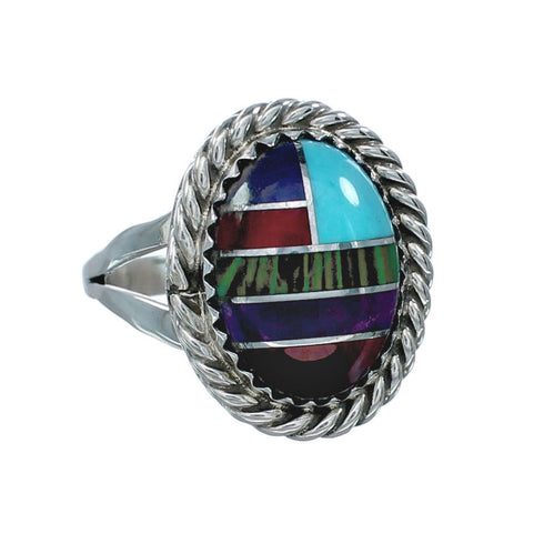 Navajo Manmade Multicolor Inlay Sterling Silver Ring Size 8 X10205