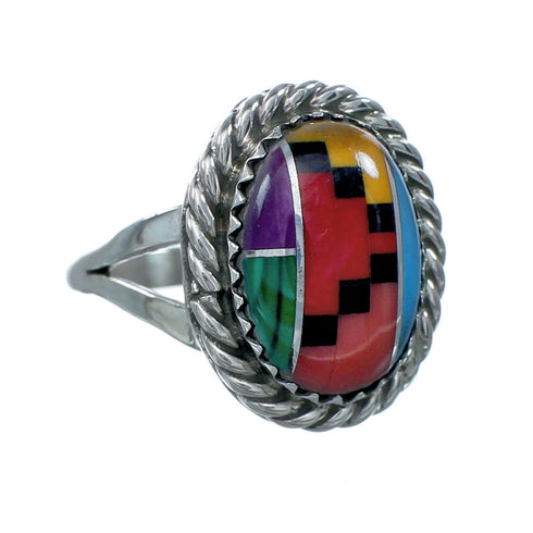 Navajo Manmade Multicolor Inlay Sterling Silver Ring Size 7-1/2 X10208
