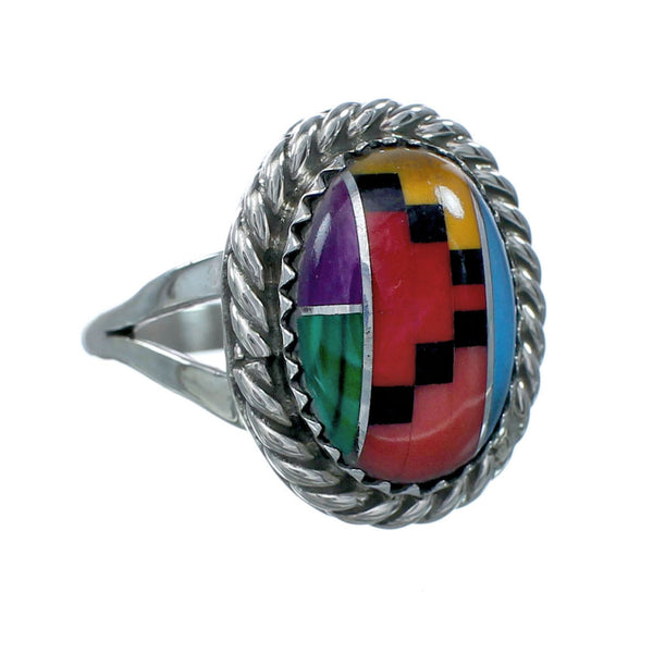 Navajo Manmade Multicolor Inlay Sterling Silver Ring Size 7-1/2 X10208