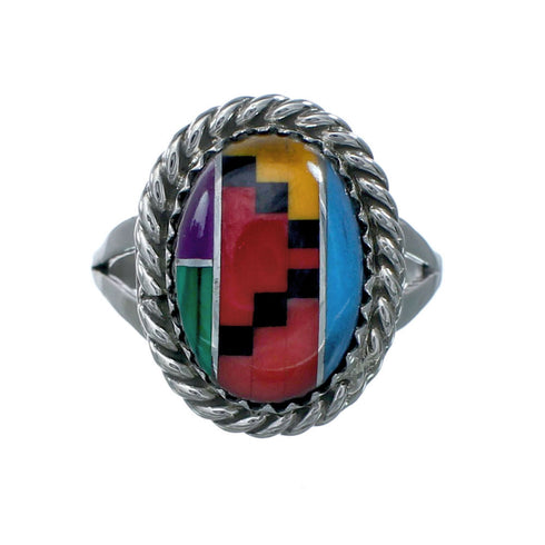 Navajo Manmade Multicolor Inlay Sterling Silver Ring Size 7-1/2 X10208
