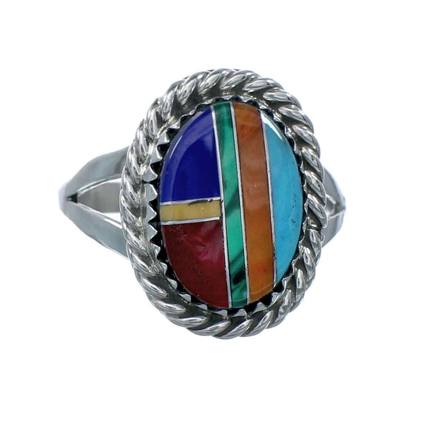 Navajo Manmade Multicolor Inlay Sterling Silver Ring Size 8-3/4 X10209