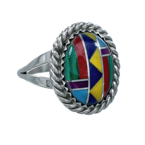 Navajo Manmade Multicolor Inlay Sterling Silver Ring Size 8-1/2 X10211