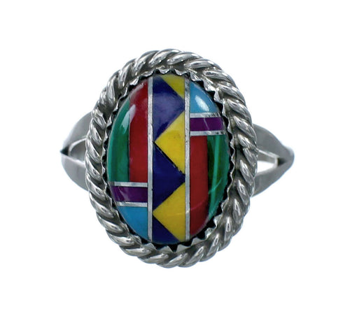 Navajo Manmade Multicolor Inlay Sterling Silver Ring Size 8-1/2 X10211
