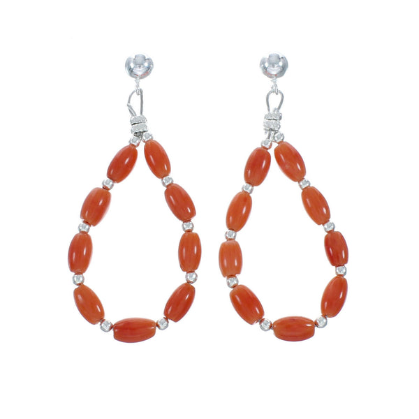 Navajo Coral Bead Post Dangle Sterling Silver Earrings X10270