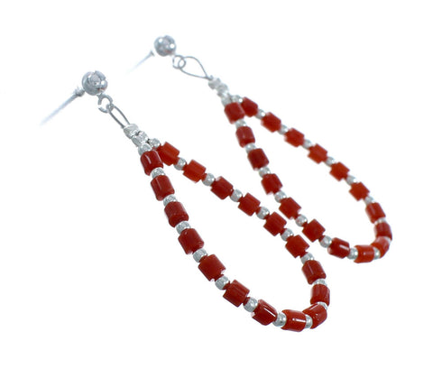 Native American Coral Bead Post Dangle Sterling Silver Earrings X10271