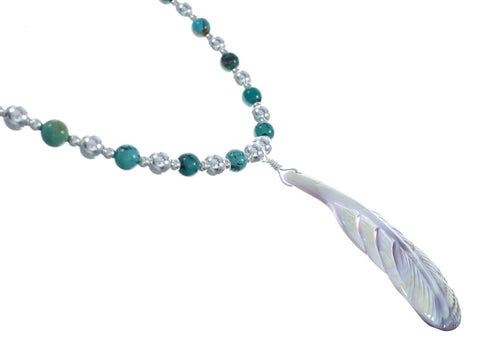 Turquoise And Sea Shell Southwest Authentic Sterling Silver Bead Leaf Necklace X10254