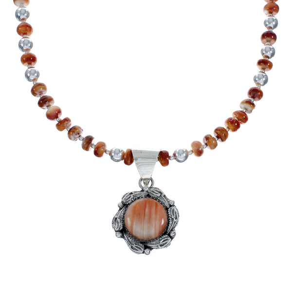 Oyster Shell Navajo Silver Bead Necklace Leaf Pendant Set X10257