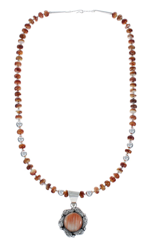 Oyster Shell Navajo Silver Bead Necklace Leaf Pendant Set X10257